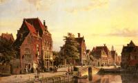 Willem Koekkoek - Figures By A Canal In A Dutch Town